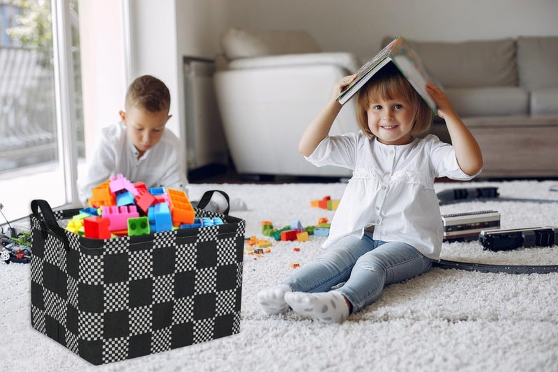 ESSME Rectangular Boys Basket,Kids Storage Basket with Handles for Room Decor,Car Storage Bin（Black grid） - Image 2